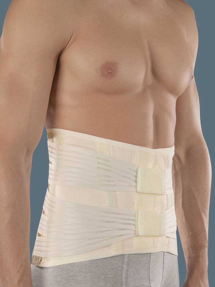 High orthosis for stabilising and supporting the lumbar spine, with malleable reinforced stays