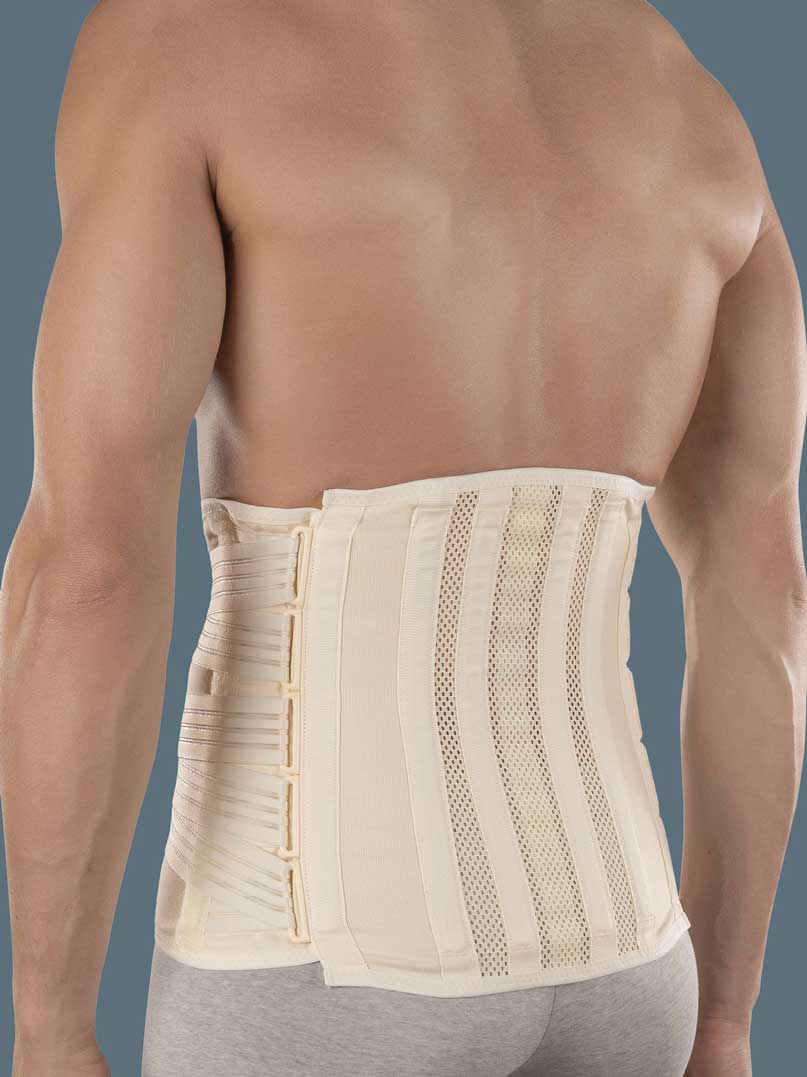 High orthosis for stabilising and supporting the lumbar spine, with malleable reinforced stays